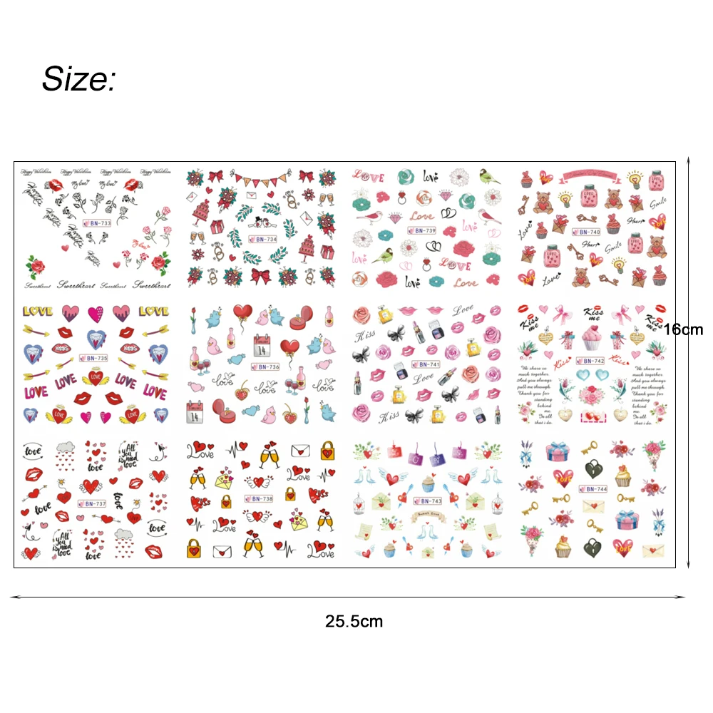 12 видов конструкций стикер для дизайна ногтей на День святого Валентина переводная наклейка Смешанная Роза сердце любовь письмо для ногтей тату инструмент TRBN733-744