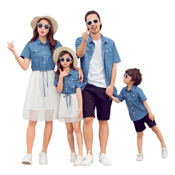 

Family Look Casual Denim Short Sleeve Mesh Stitching Mother Daughter Dresses Father Son Summer T-shirts Matching Family Outfits