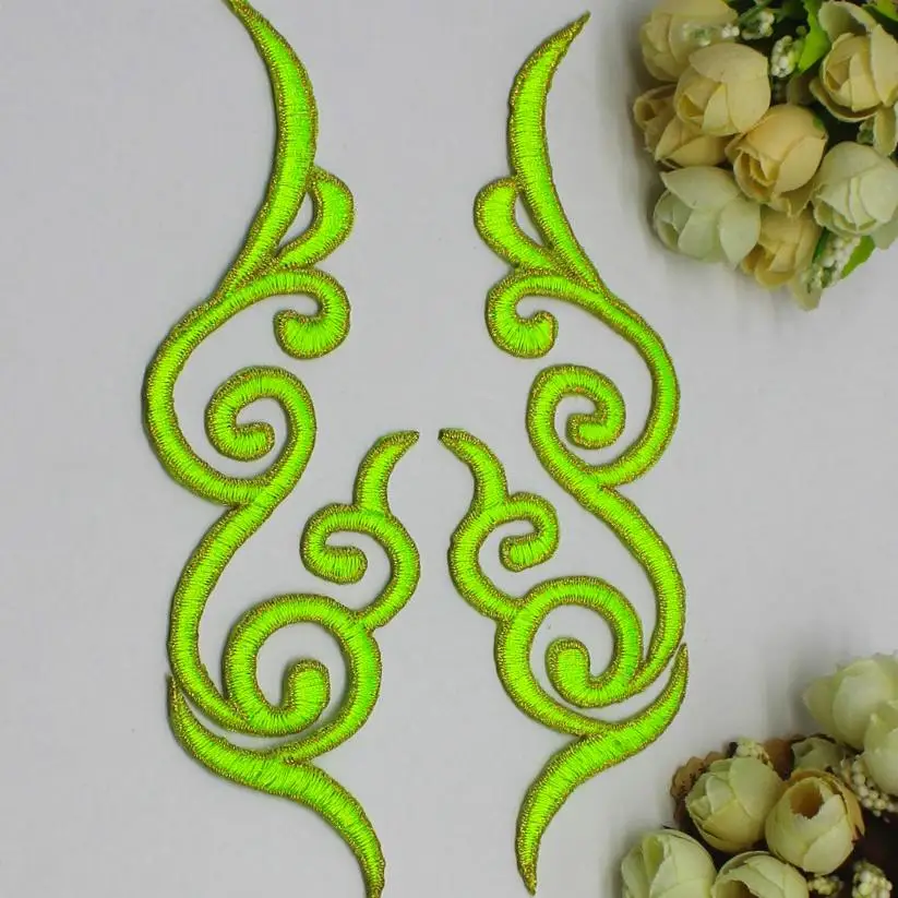 Gold NeonGreen Железная аппликация, 5 пар, золотая вышивка, отделка, сделай сам, платье для косплея, кружевная отделка, Mirrow, пара цветочных патчей, подкладка 18 см-5,0 см - Цвет: Gold NeonGreen