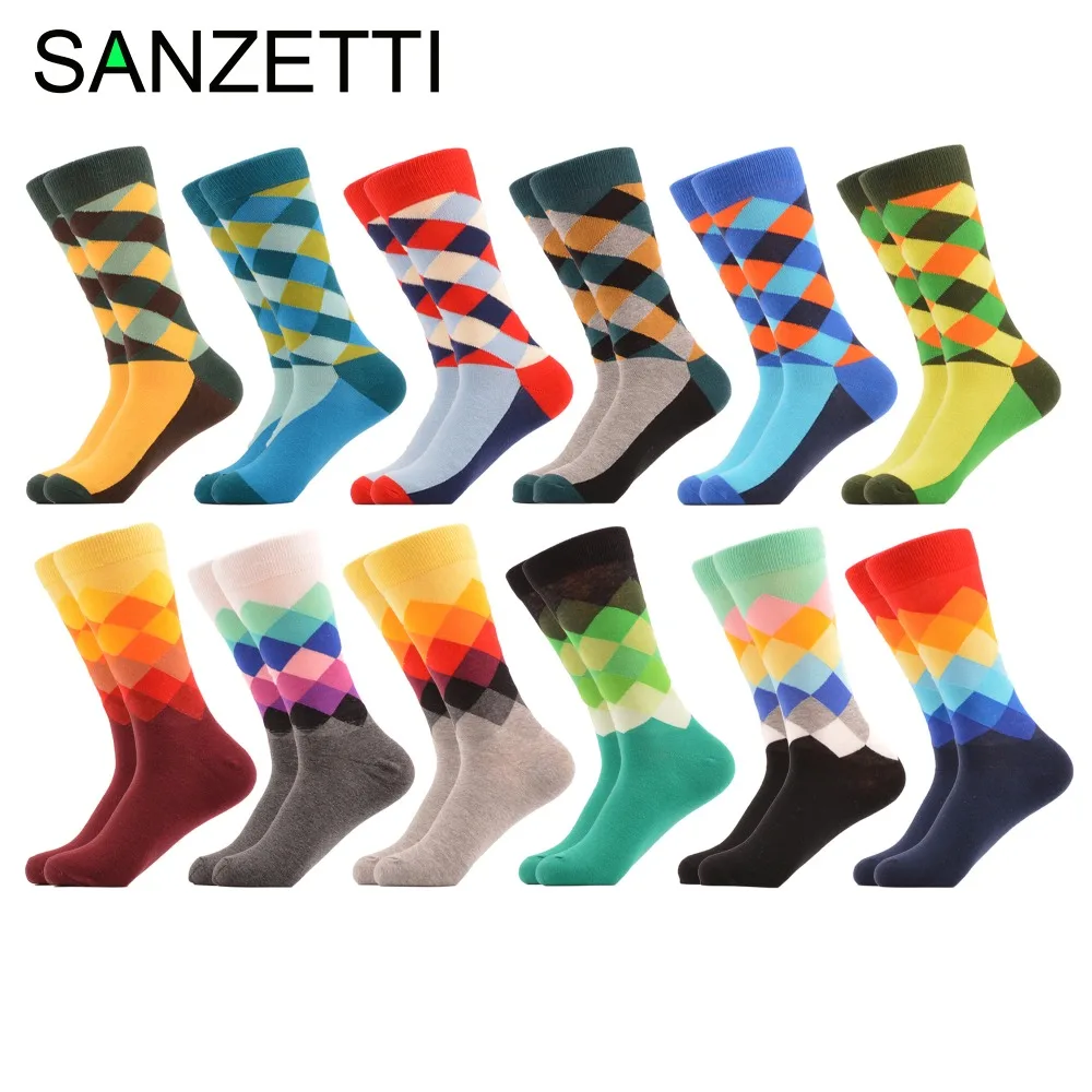 SANZETTI 12 Pairs/lot Men's Colorful Argyle Combed Cotton Socks Funny