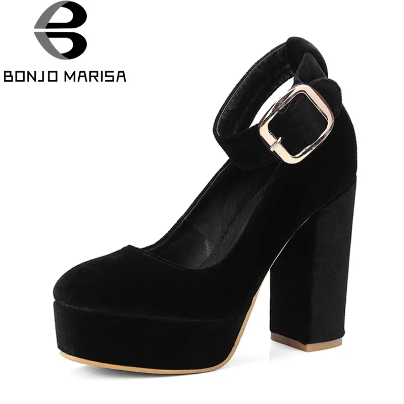 BONJOMARISA/Новинка года; сезон весна-осень; черные туфли-лодочки на платформе с ремешком на щиколотке; женская обувь на очень высоком каблуке; большие размеры 32-42