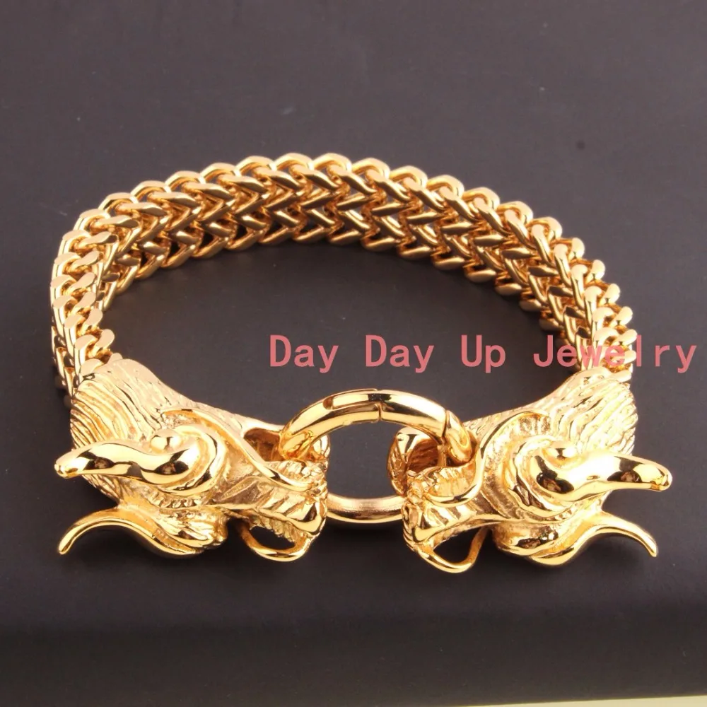 

13MM Wide Top Quality 316L Stainless Steel Double Dragon Biker Clasp Fashion Figaro Chain Gold Tone Men's Bracelet Bangle 8.66"