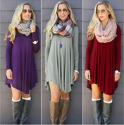 

2017 Women Mini Dress Long Sleeve Casual Jumper Pullover Irregular Chiffon O-neck Gray Purple Red Green Solid Dresses