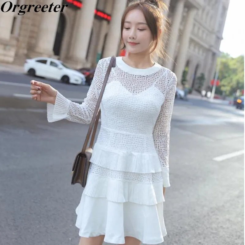 

Layered ruffle hollow out sexy White mini dress Female Flare sleeve Patchwork dress Women Spring Autumn short christmas Dress
