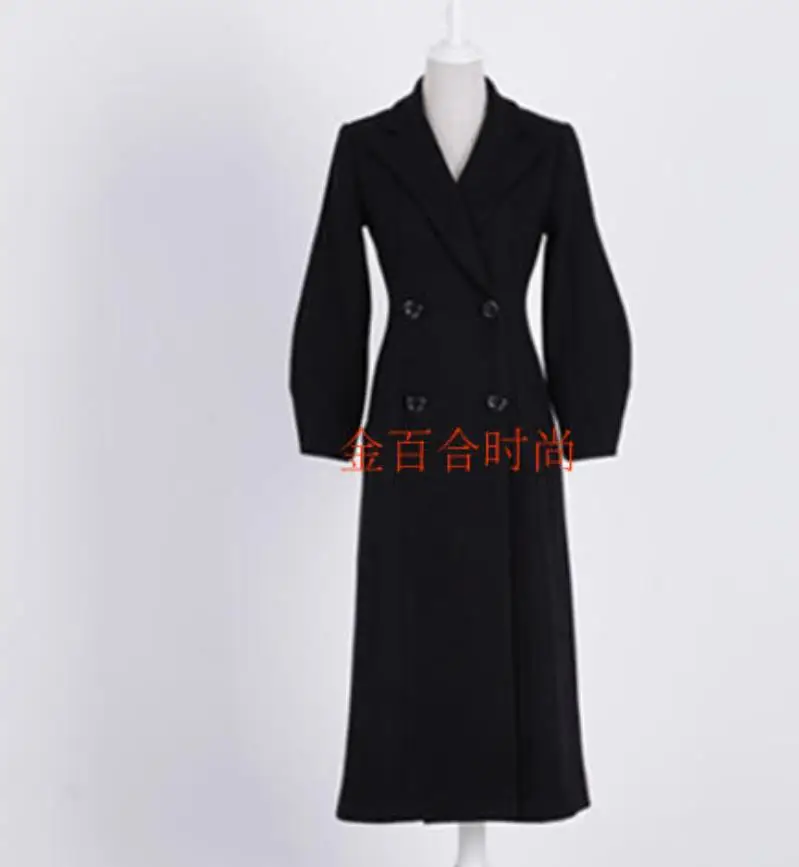 Зимнее женское Шерстяное Пальто размера плюс 2XL с лацканами, черное двубортное длинное тонкое кашемировое пальто