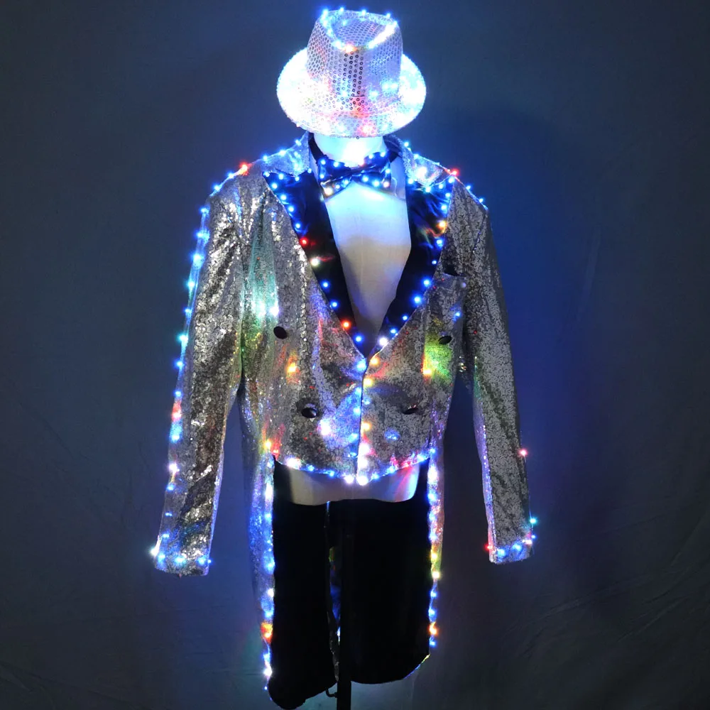 

Fashion Swallowtail LED Tuxedo Luminous Costumes Glowing vestidos LED Clothing Show Men LED Clothes Dance Accessories