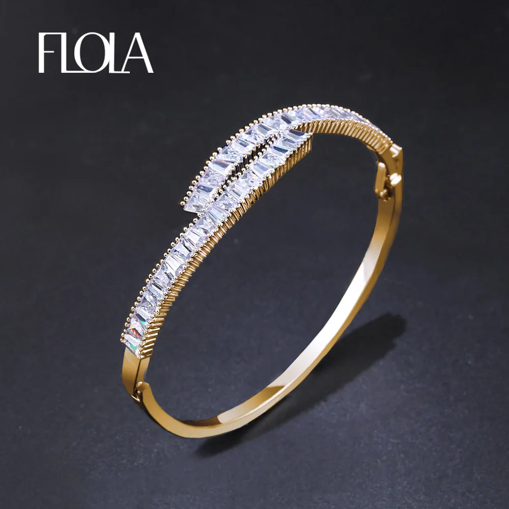 

FLOLA Famous Brand Cubic Zirconia Gold Bangle for Women CZ Stone Open Cuff Bracelet Women Wedding Party Jewelry brtk59