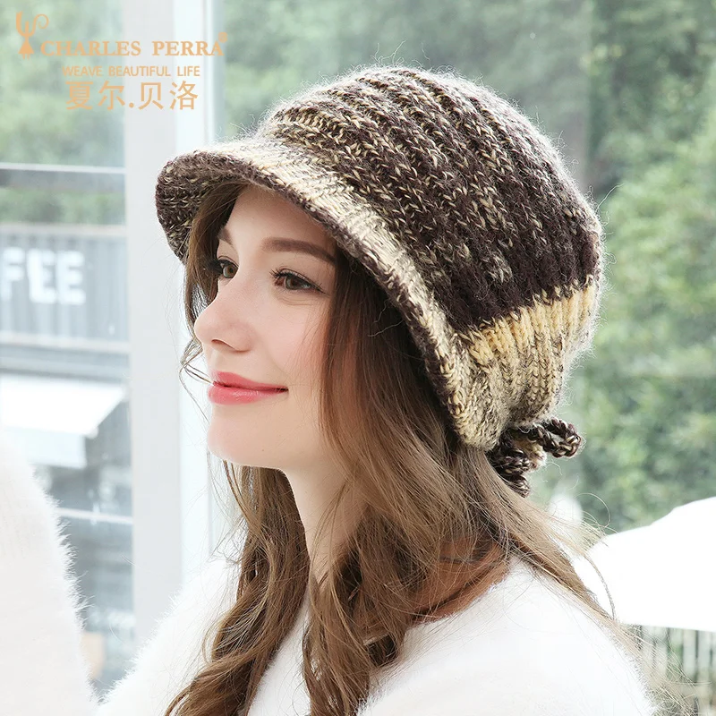 

Charles Perra Women Hat Hand-Made Woven Female Beanies Wool Thicken Knitted Hats Ear Protection Autumn Winter Caps 6910