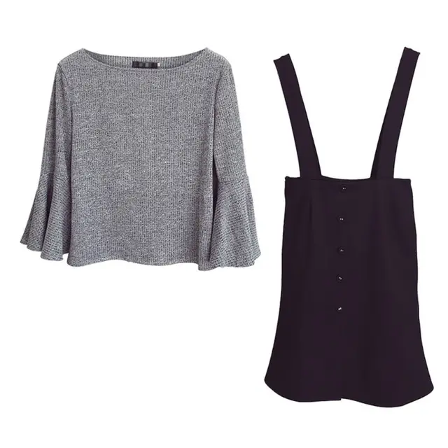 Best Offers Women Ruffle Bottoming Shirt+Strap Dress Two-piece Suit Female Autumn Winter Clothing Set Best Offers Women Ruffle Bottoming Shirt+Strap Dress Two-piece Suit Female Autumn Winter Clothing Set