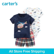 3pcs clothing sets helicopter print tee bodysuits plaid shorts Carter’s baby boy soft cotton Spring Summer 121I131