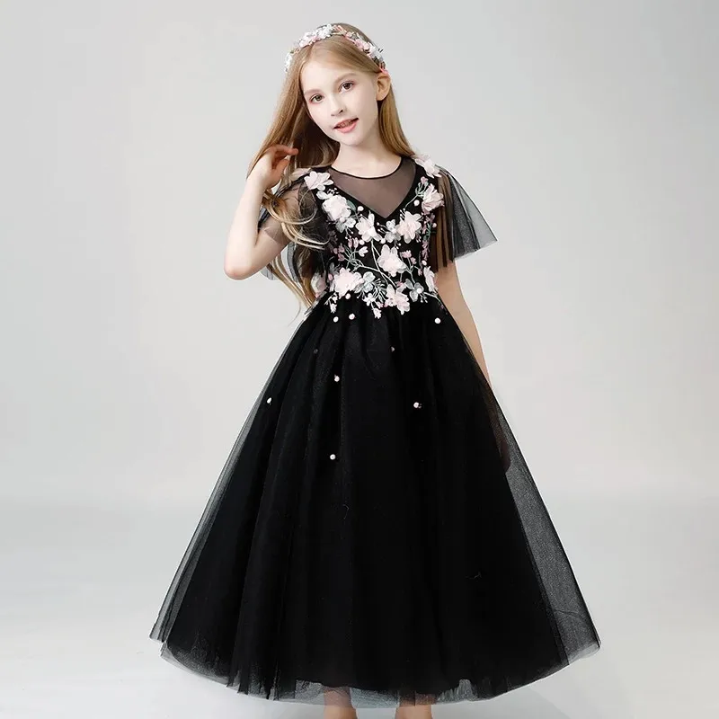 

Children Girls Fashion Birthday Evening Party Princess Long Mesh Dress Summer Luxury Shoulderless Piano Host Pageant Long Dress