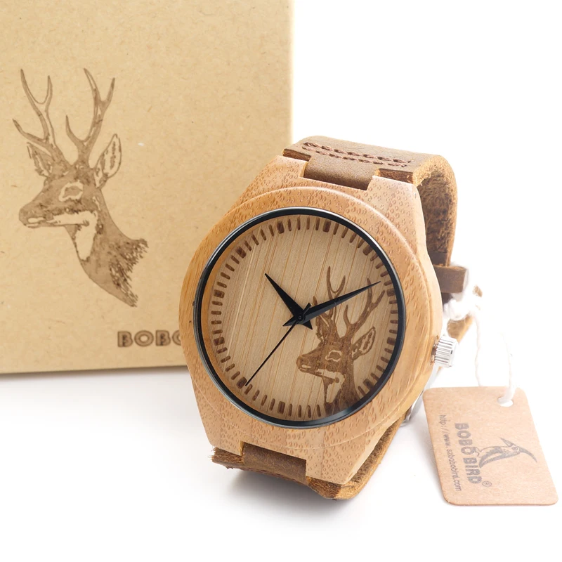 2016 BOBO BIRD Top brand Bobobird Men's Bamboo Wooden Bamboo Watch Quartz Real Leather Strap Men Watches With Gift Box