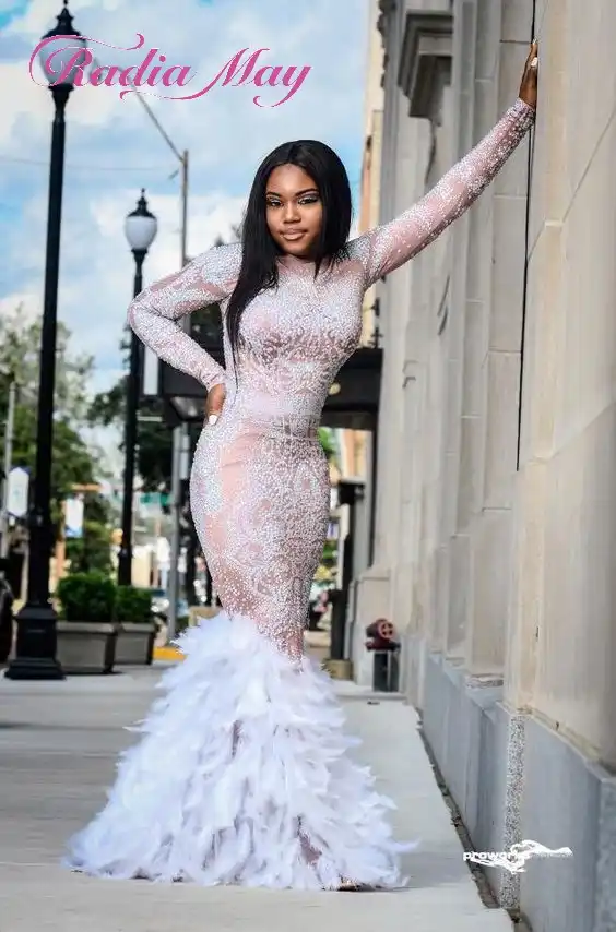 white mermaid prom dress with feathers