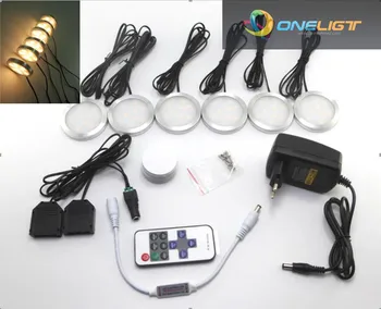 

Free Shipping Dimmable LED Under Cabinet Lamps Downlights Spotlight Puck Light for Kitchen Cupboard +RF Remote Adapter 6x2W