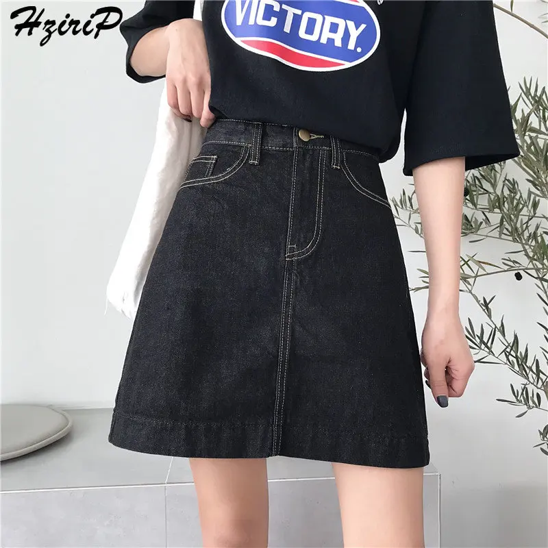 

Hzirip 2019 Women Summer Stylish High Waist Slim Short A-Line Solid Plus Size Casual Empire Sexy New Denim Mini Black Skirts