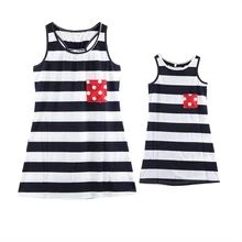 

Mother Daughter New Fashion Casual Striped Sleeveless Vest Bow Dress Summer Loose Mini Dress Family Matching Outfits Hot