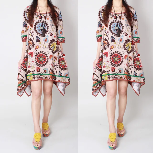 Summer Boho Hippie Dress Women Casual Cotton Linen Loose Kaftan Long Summer Boho Hippie Dress Women Casual Cotton Linen Loose Kaftan Long Sundress