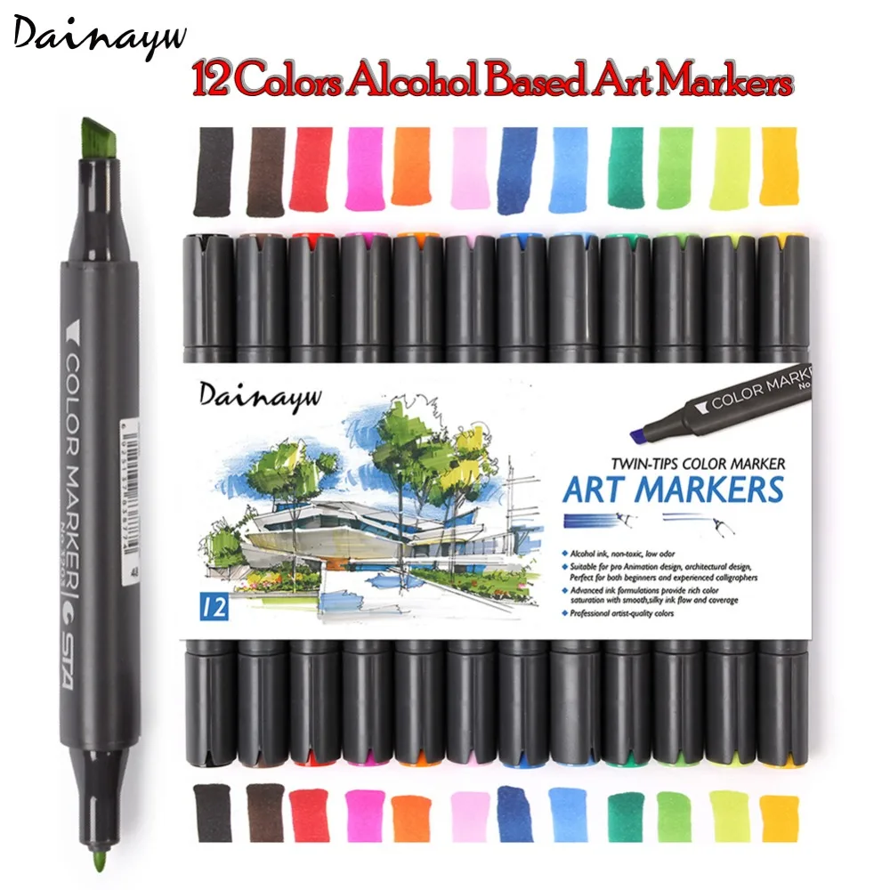 

Dainayw 12Colors Artist Double Headed Sketch Markers Design Paint Alcohol Based Ink Sketch Manga Markers for Art Supplies