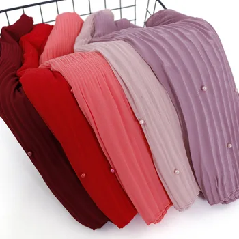 

2019 Women Plain Wrinkle Beads Bubble Chiffon Instant Hijab Shawls High Quality Head Wraps Foulard Sjaal Muslim Bonnet Halstuch
