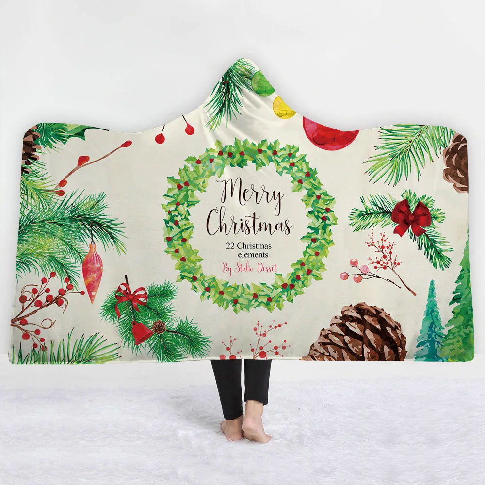 

Christmas Theme Printing Hooded Blanket Keep Warm Adults Child Throw Blanket Winter Microfiber Comfortable Soft Sofa Blankets