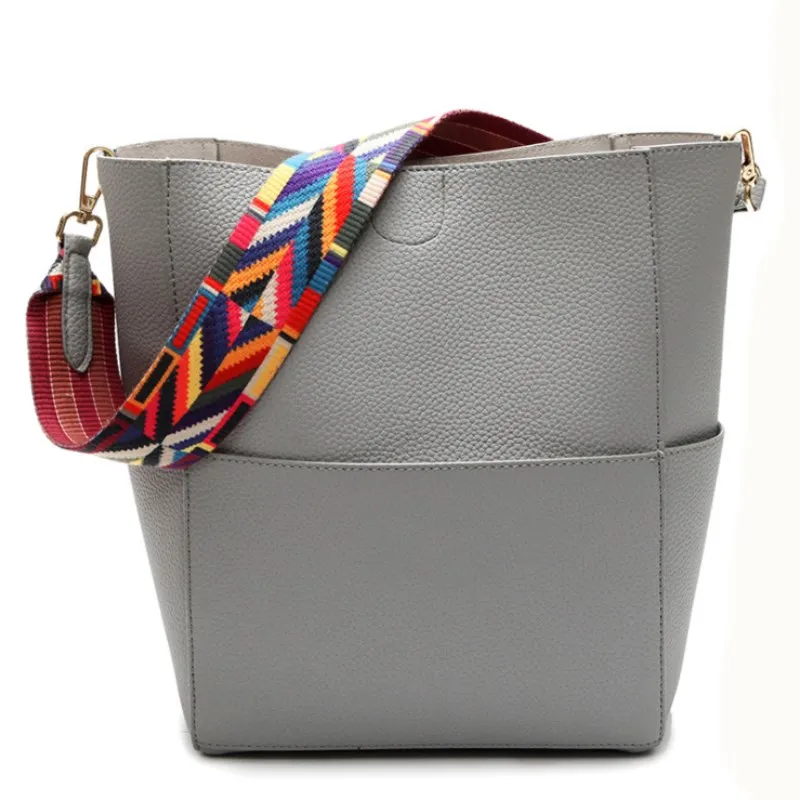 

2018 Vintage Colorful Strap bucket bags simple Large capacity casual crossbody bags brief fashion pu leather handbags for women