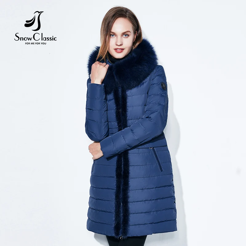 SnowClassic Winter Long Women's Cotton Down Jacket Теплая ветровка Меховой воротник Slim Hat Модный