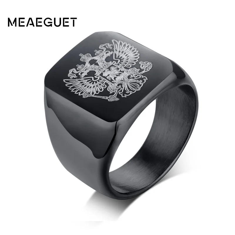 

Smooth Square Rings Men's Russian National Emblem Double Heads Eagle Black Gold Silver Man Anel Stainless Steel Eagle Jewelry