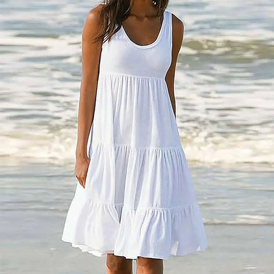 

Laamei 2019 Solid Dress Women Holiday Summer Sleeveless Party Beach Dress Lace Loose Tunic Casual Ruffle Dress Women Vestidos