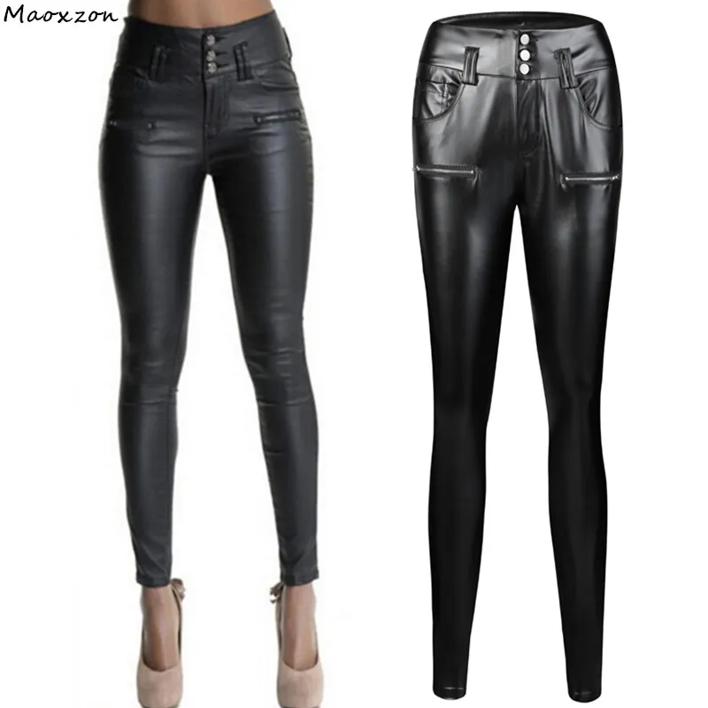 

Maoxzon Womens Fashion Thin Slim PU Leather Pencil Pants For Female New Plus Size Black High Waist Skinny Bodycon Trousers XXXL