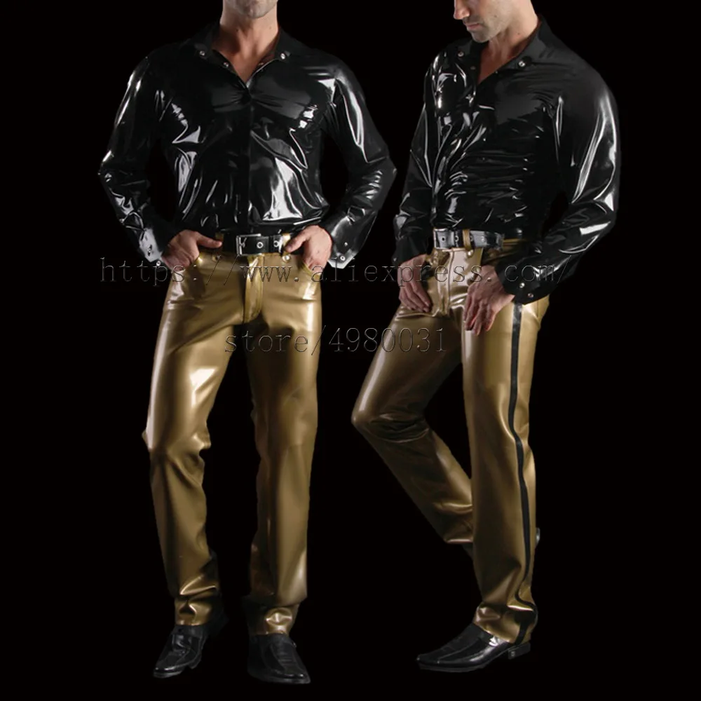 

Bling gold color latex trouser men with black stripes decoration no belt