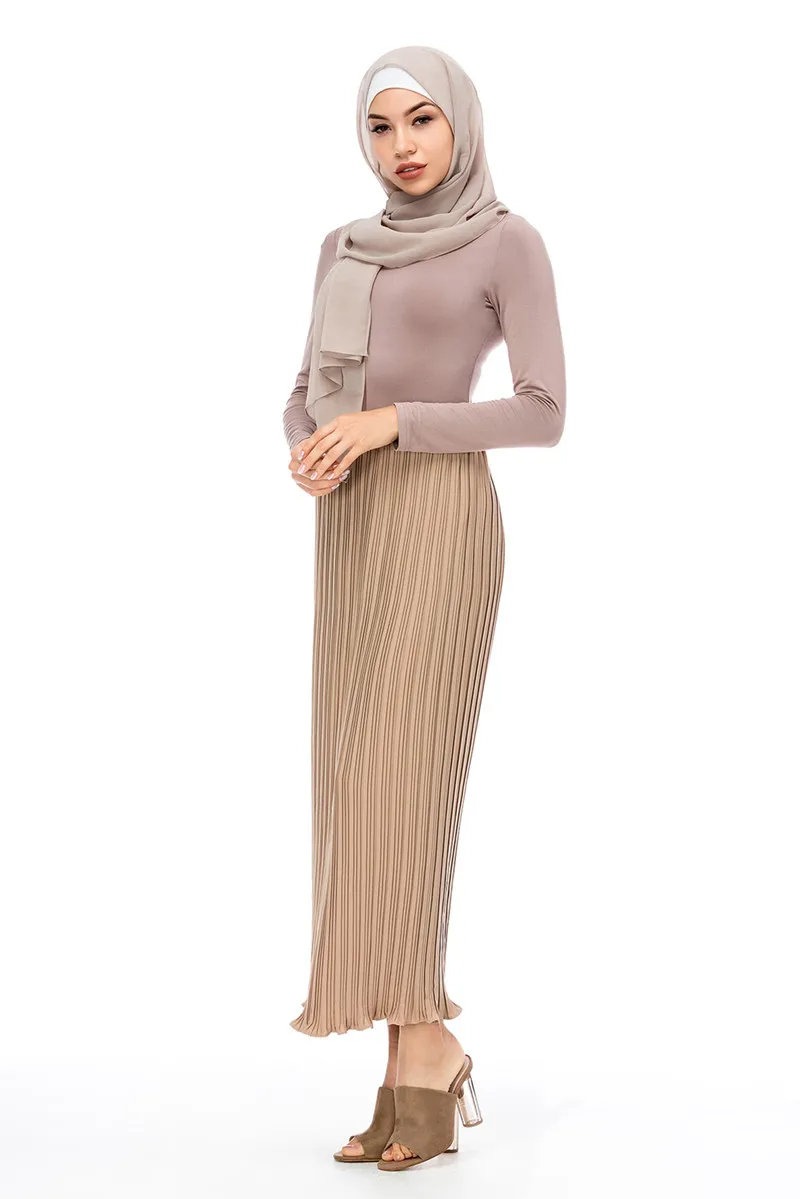 Модная женская шифоновая плиссированная юбка, хлопковая длинная юбка, мусульманская нижняя часть, длина по щиколотку, одежда для исламских вечеринок, зимняя одежда - Цвет: Khaki Skirt