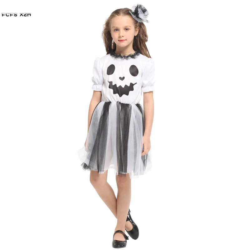 

Girls White Ghost Cosplay Kids Children Halloween Hell Devil Fiend Scary Costume Carnivl Purim stage play Masquerade party dress