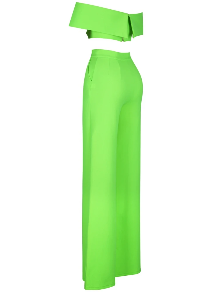 Олень Леди комплект из 2 предметов, комплект со штанами, Для женщин зеленый Высокая Талия Брюки с широкими штанинами в том же стиле; комплект со штанами и укороченный топ летний комплект с открытыми плечами
