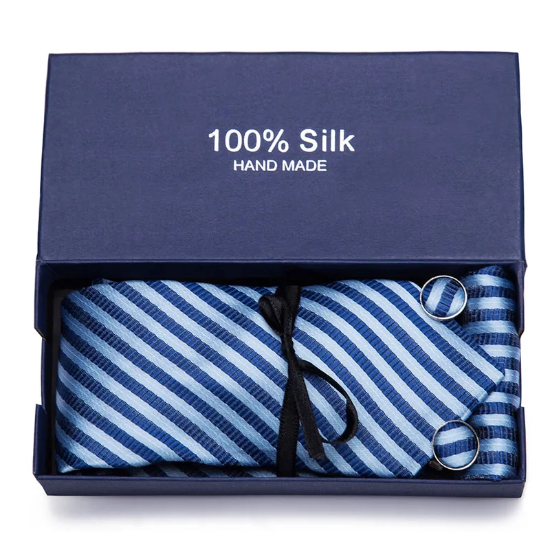  Luxury Silk Paisley Ties Set Blue Black Grey Neck Wear Tie Handkerchief Cufflinks Set Fashion Male 