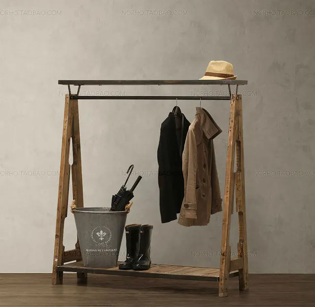 Special combination of retro clothing racks , wrought iron wood shelf display rack clothing