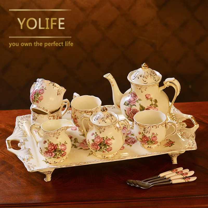 Classic Porcelain Tea Service with Tea Cup Tray Teapot Pot Kettle For