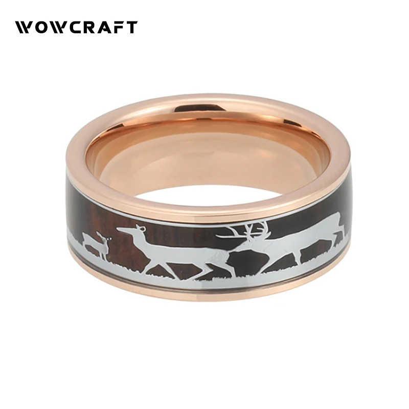 8mm Mens Womens Rose Gold Tungsten Carbide Ring Deer Family Black wood Inlay Engagement ring Wedding Band Father's Mother's Gift Fashion Jewelry