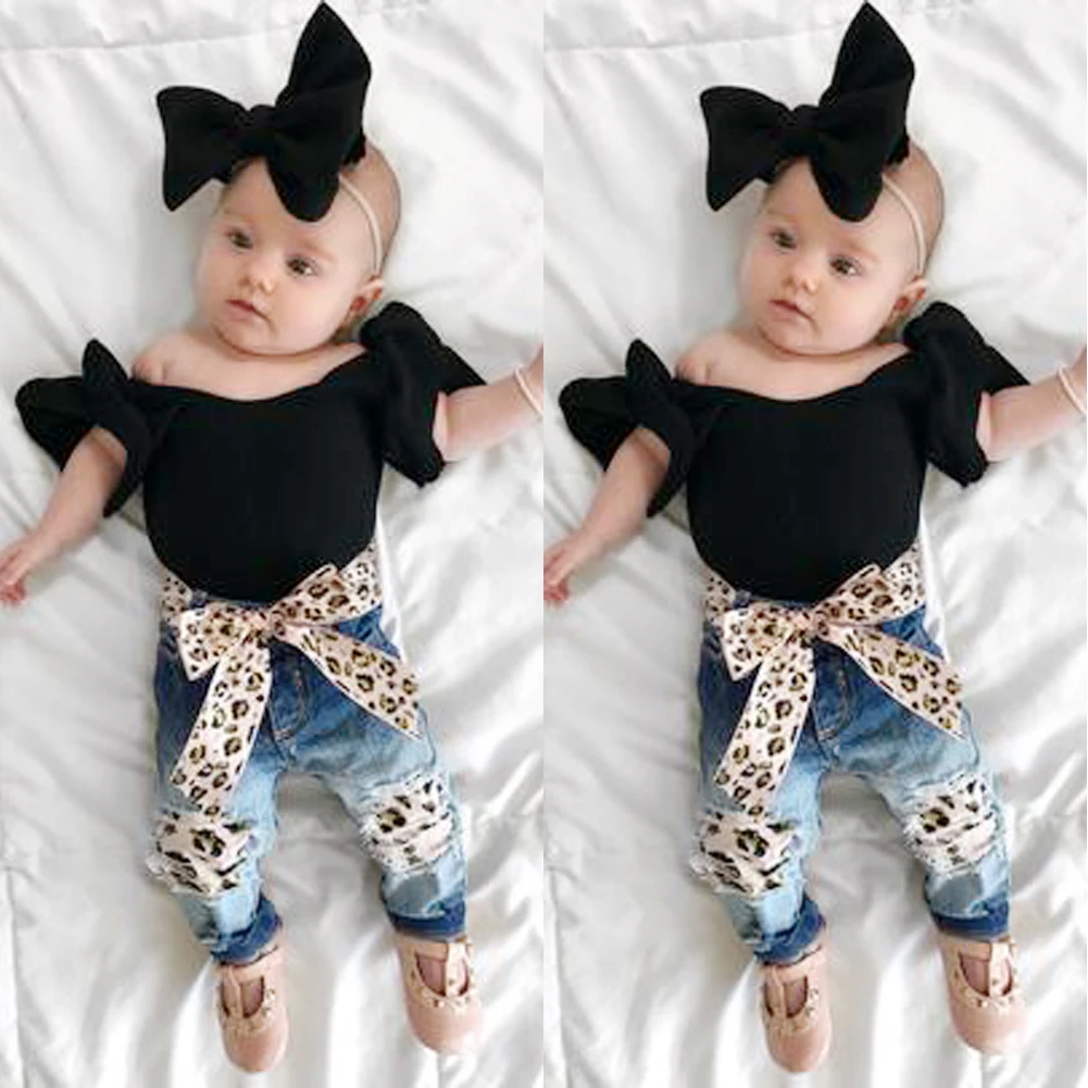 Летняя одежда для малышей футболка с расклешенными рукавами для маленьких девочек леопардовые джинсы брюки с поясом повязка на голову комплект из 3 предметов, От 1 до 6 лет