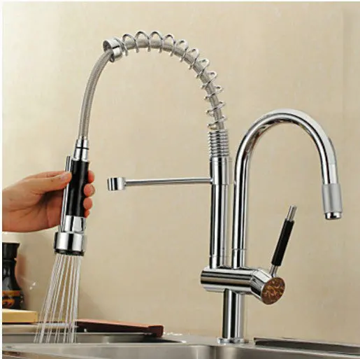 Chrome Brass Spring Pull Down Sprayer Kitchen Sink Faucet Double Spouts