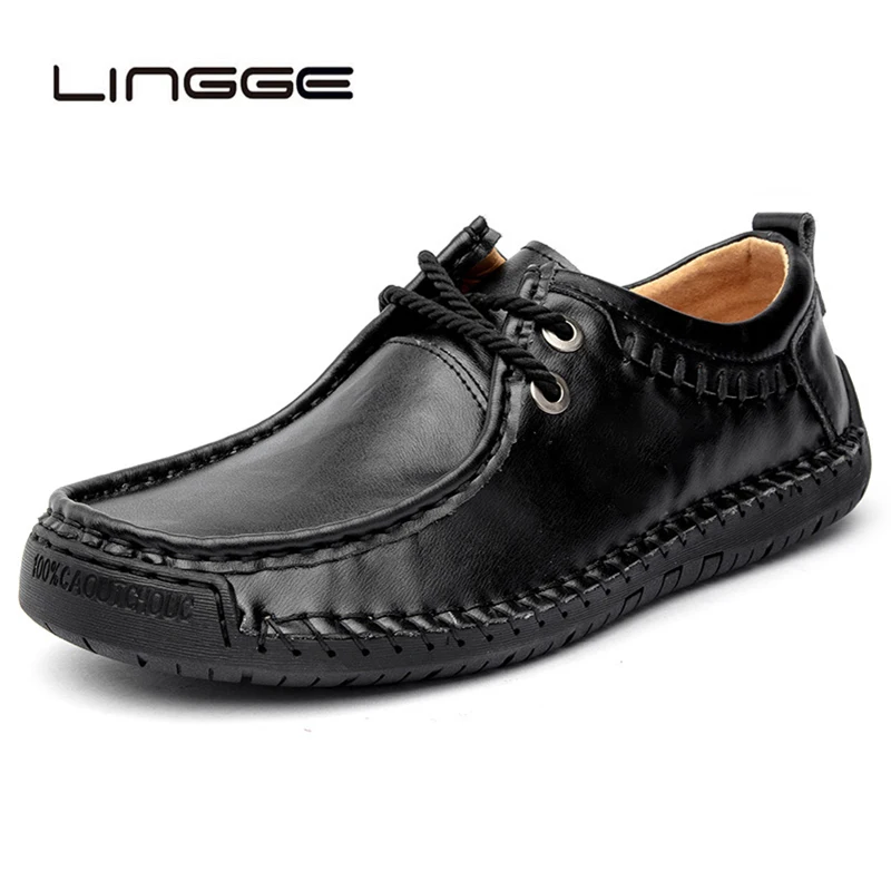 

LINGGE Men's Driving Shoes 2019 Men Genuine Leather Loafers Shoes Fashion Handmade Soft Breathable Moccasins Flats Slip On Shoes