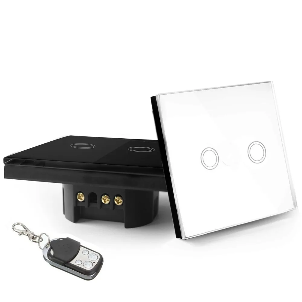 EU Standard 2 Gang 1 Way Remote Control Touch Switch Remote Wall Light Switch With Cystal Glass ...