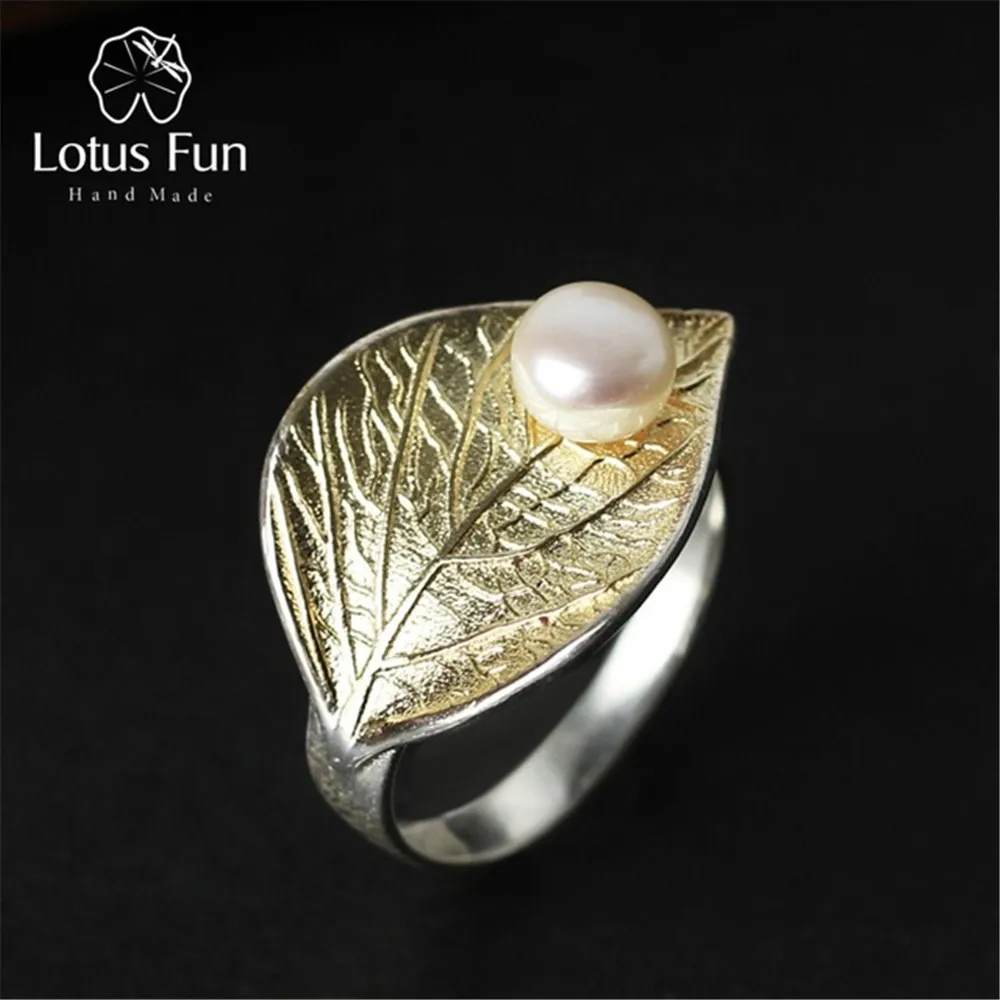 

Lotus Fun Real 925 Sterling Silver Natural Pearl Handmade Designer Fine Jewelry Creative Open Ring Leaf Rings for Women Bijoux
