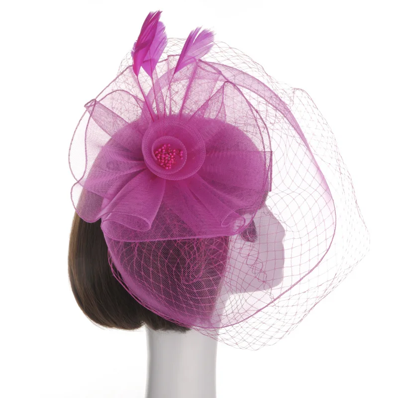 JaneVini винтажные женские свадебные шляпы с лицевая вуаль фиолетовый клетка элегантный стиль, для невесты, для свадьбы аксессуары для волос шляпка Mariage - Цвет: Fuchsia