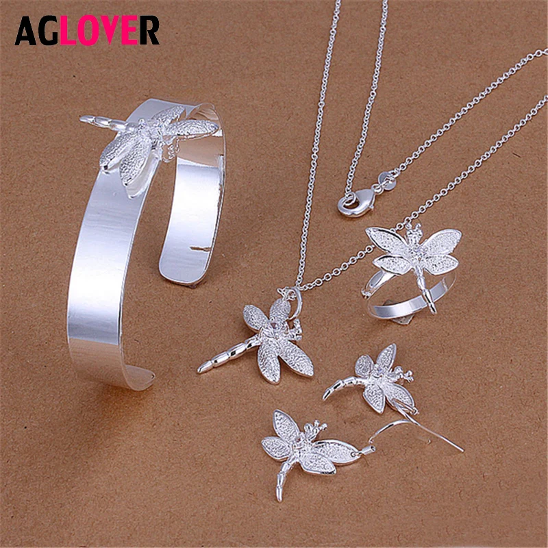 

925 Sterling Silver Charm Dragonfly Pendant Long Necklace Bracelet Earrings Ring Set Woman Fashion Beautiful Jewelry Sets