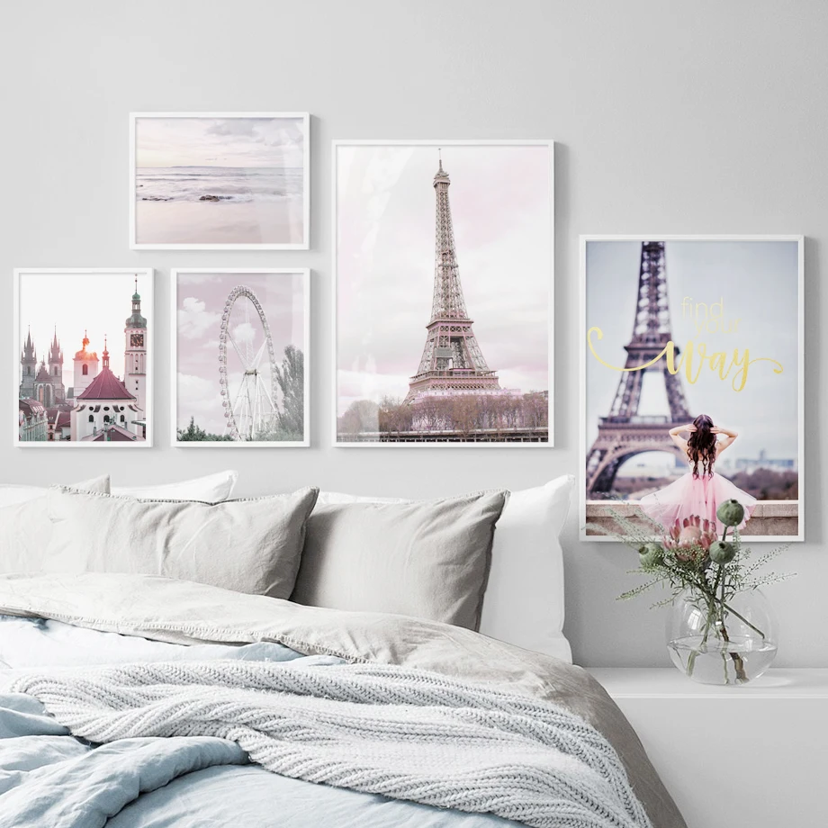 

Paris Tower Girl Beach Ferris Wheel Wall Art Canvas Painting Nordic Posters And Prints Landscape Wall Pictures For Living Room