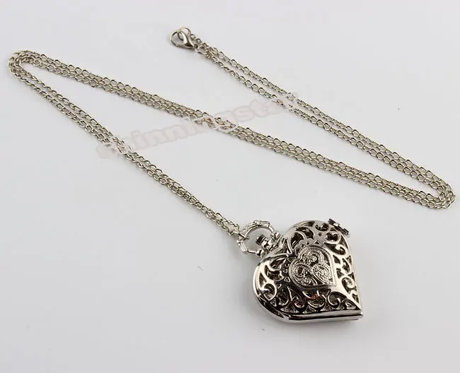 Элегантное серебряное пустое сердце-форма кварцевые карманные часы для женщин свитер ожерелье кулон подарки Дамская мода карманные часы брелок цепь