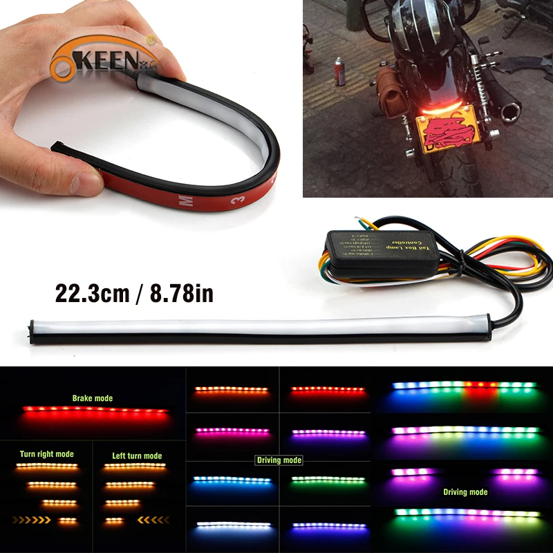 

OKEEN 12V waterproof Sequential Flexible Brake Tail Stop Light Yellow/Red/RGB Led Strip Motorcycle Turn Signal Strip 23cm