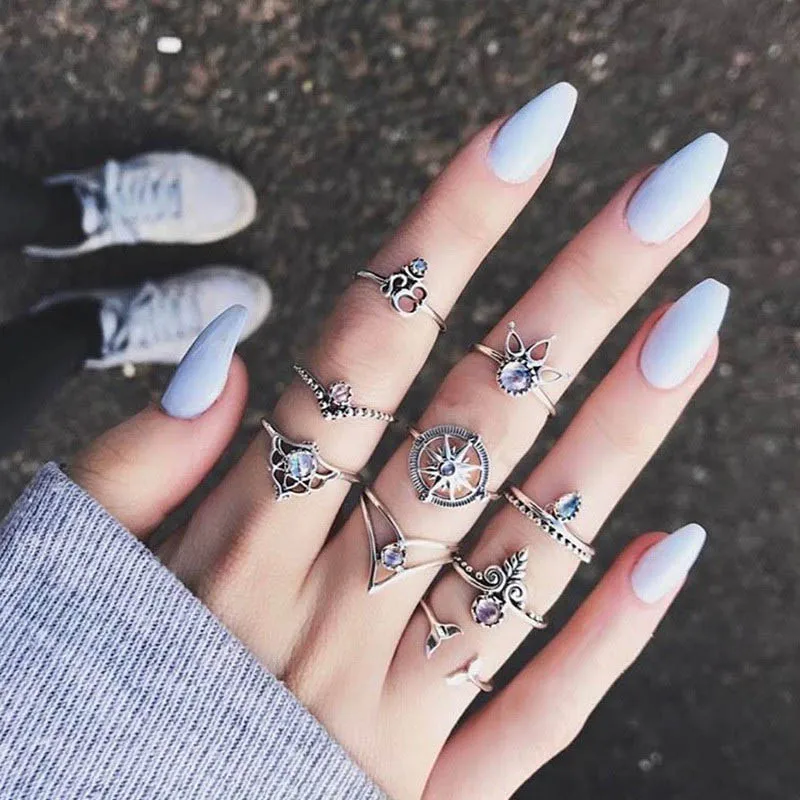 H: HYDE 21 стиль, винтажные кольца на кончик пальца для женщин геометрической формы, в стиле бохо, набор колец с цветами и кристаллами, богемные ювелирные изделия на палец средней длины, Bague Femme