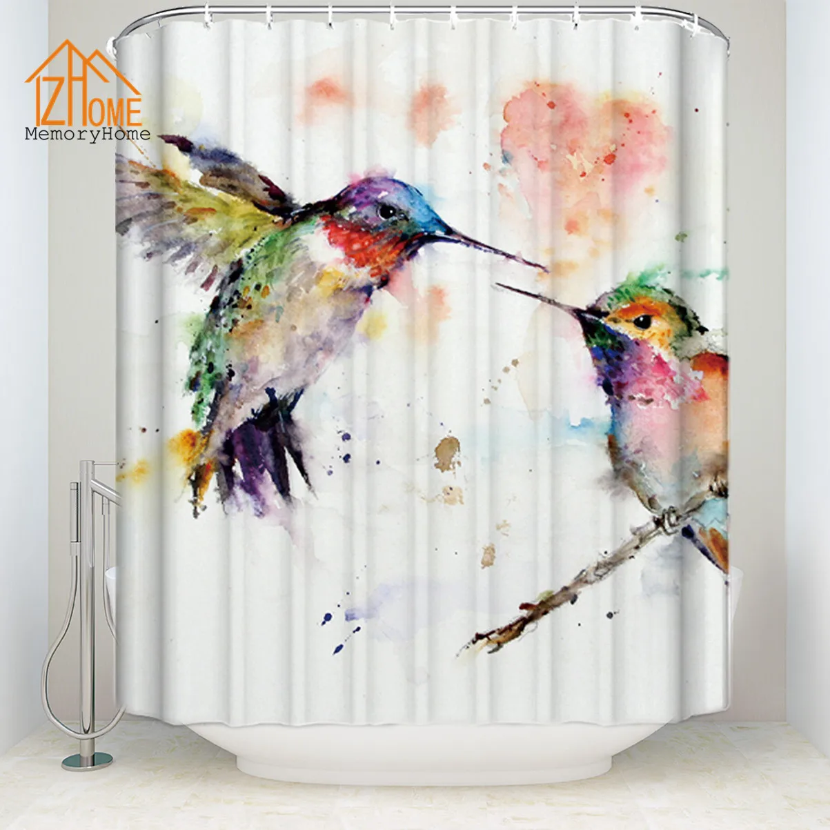 

Memory Home High Quality Shower Curtain Fabric Fashion Hummingbird Watercolor Painting Waterproof Polyester Shower Curtain Decor