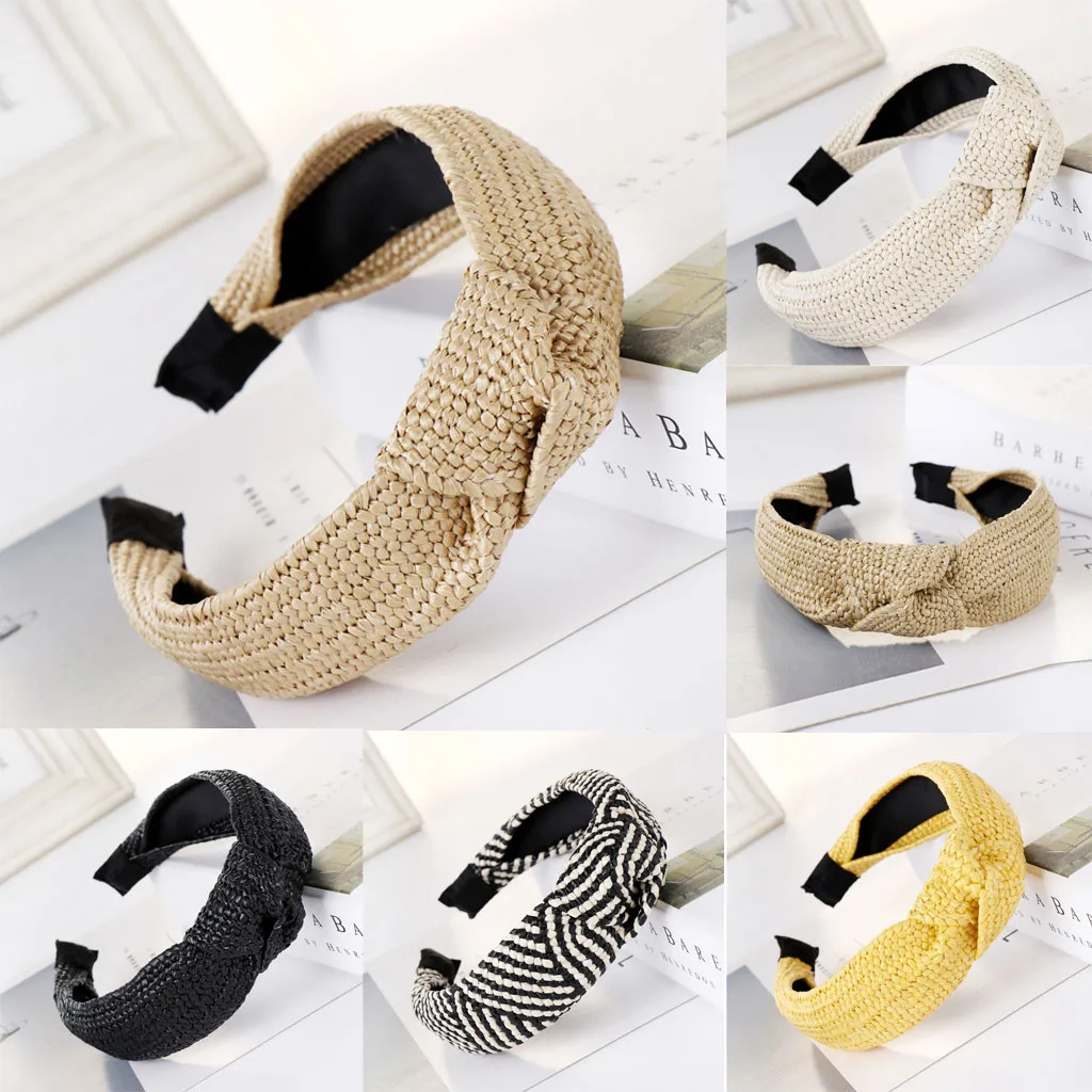 

Summer New Hair Hoop Hairband Women Fashion Boho Beach Straw Weaving Head Band Ladies Center Knot Bow Cross Hair Accessories
